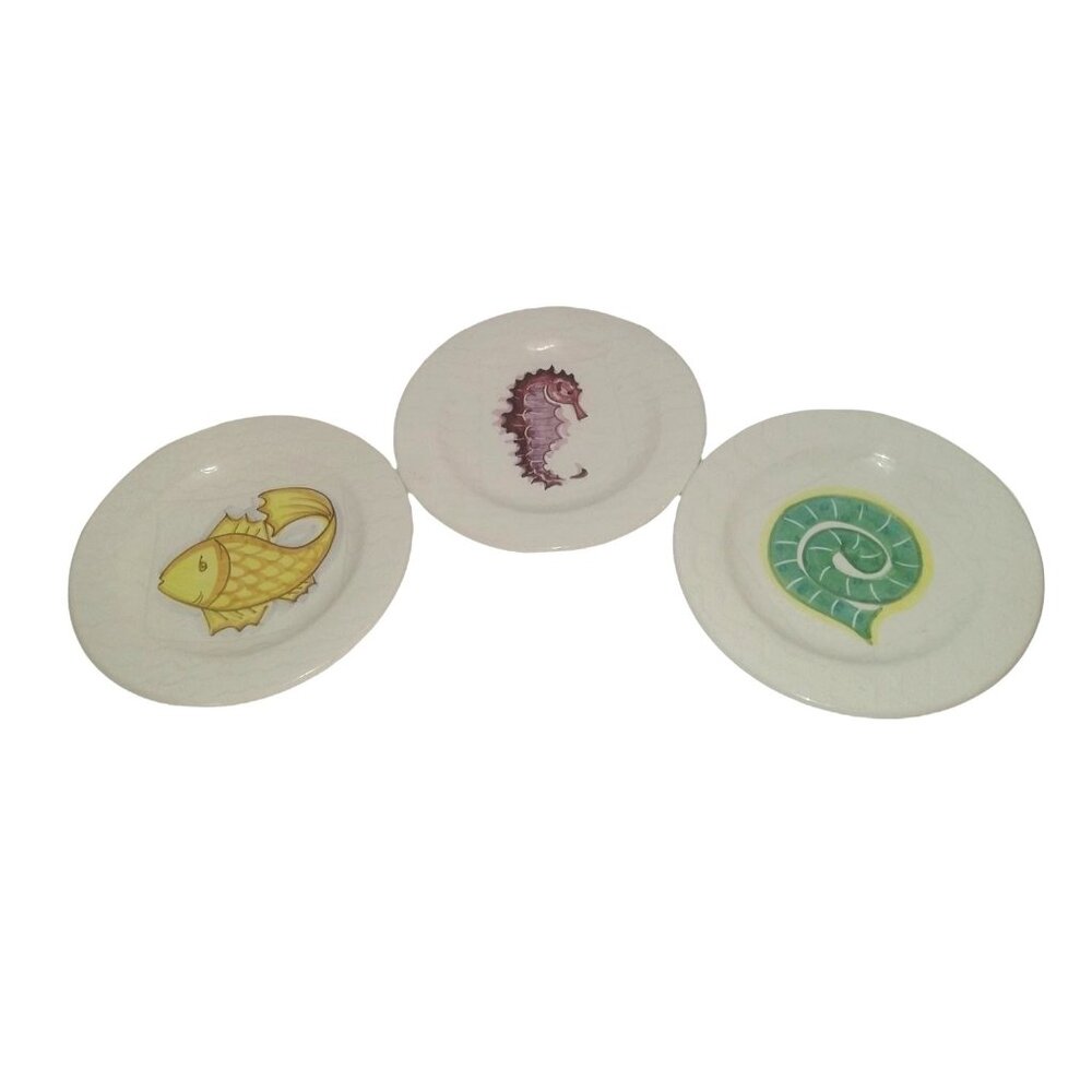 Vtg Italy Painted Set/3 Plates Fish Sea Horse Nautilus 8.5" Cristina Fortini - Picture 10 of 10